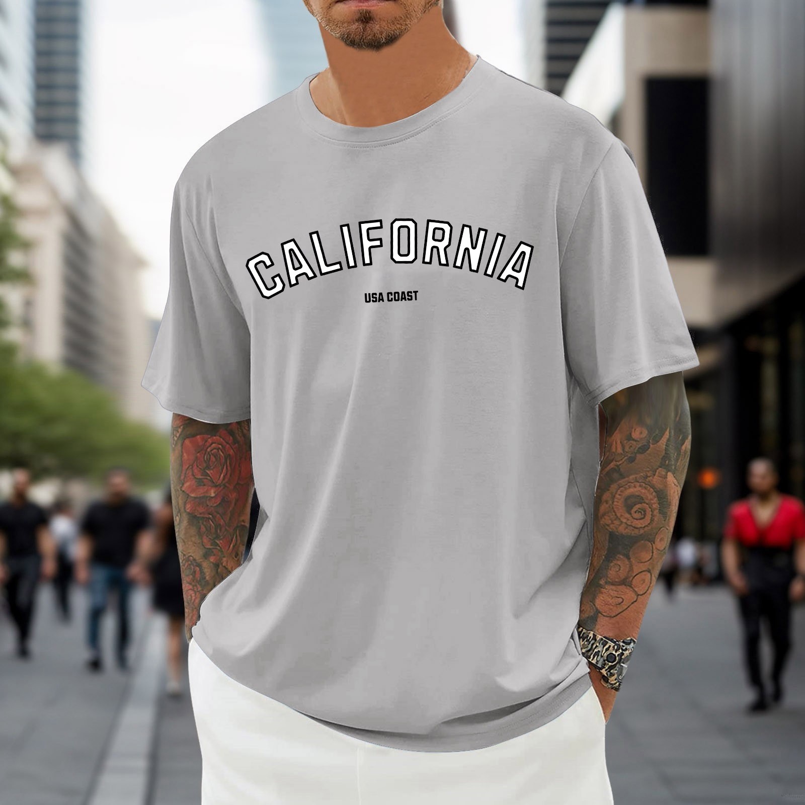 thumbnail image 3 of Camiseta oversize de verano para hombre - Cuello redondo y manga corta con estampado urbano - Camiseta deportiva holgada e informal, 3 of 5